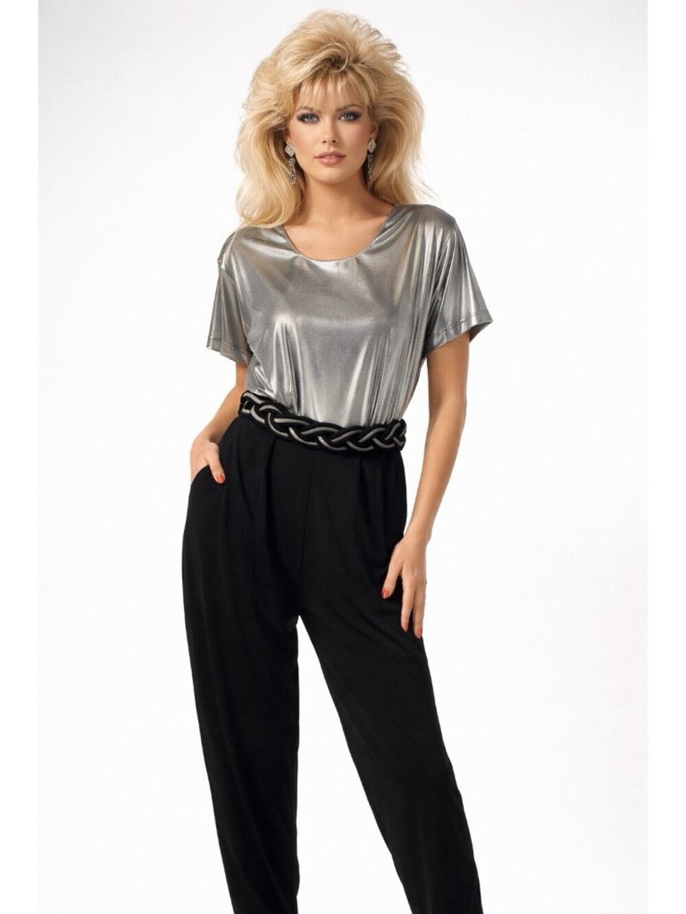 Vintage 70s 80s Joan Walters Black Silver Jumpsuit whole piece M/L retro belted